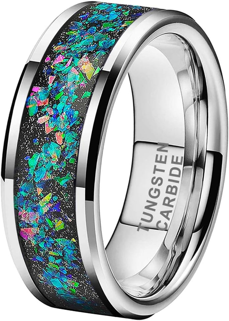 6Mm 8Mm Silver/Black Tungsten Rings for Men Women Couple Genuine Galaxy Opal Inlay Fashion Jewelry Engagement Wedding Bands Beveled Polished Shiny Comfort Fit