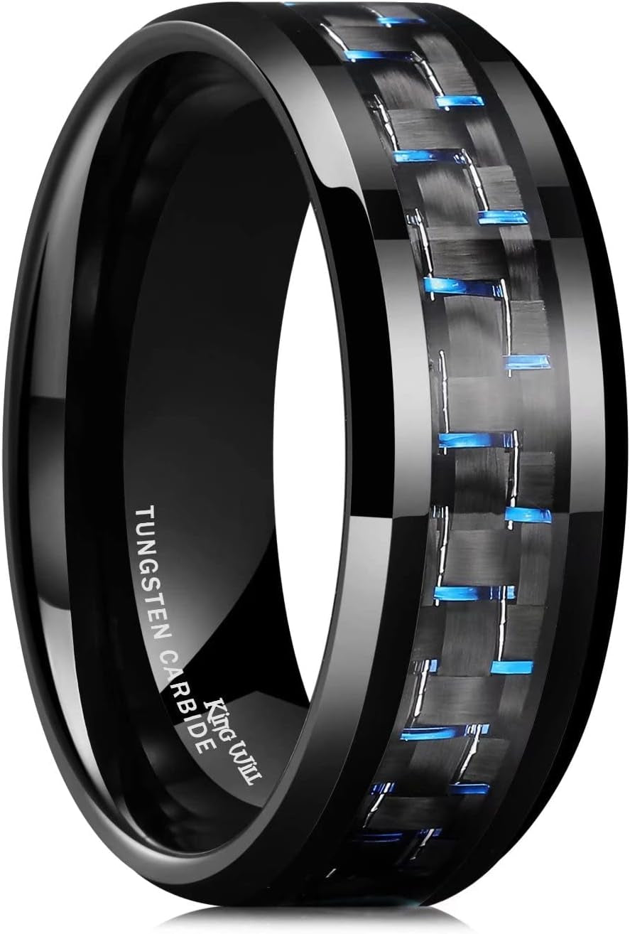 8Mm Tungsten Wedding Band Ring for Men Carbon Fiber Inlaid Carbide Ring Men'S Women'S Black/Red/Green/Blue/Silver/White/Yellow Band Polished Finish Edges Comfort Fit 6-15