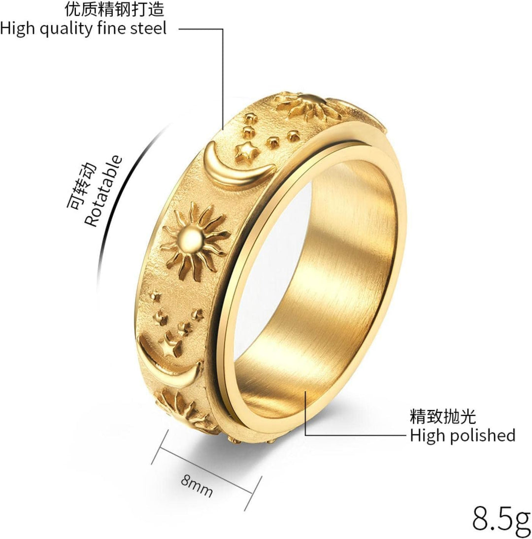 Star, Moon, Sun, Gold-Plated Stainless Steel Men'S and Women'S Rings, Rotating Pressure Relief Ring 6Mm 8Mm Size 6-13 6# Silverb