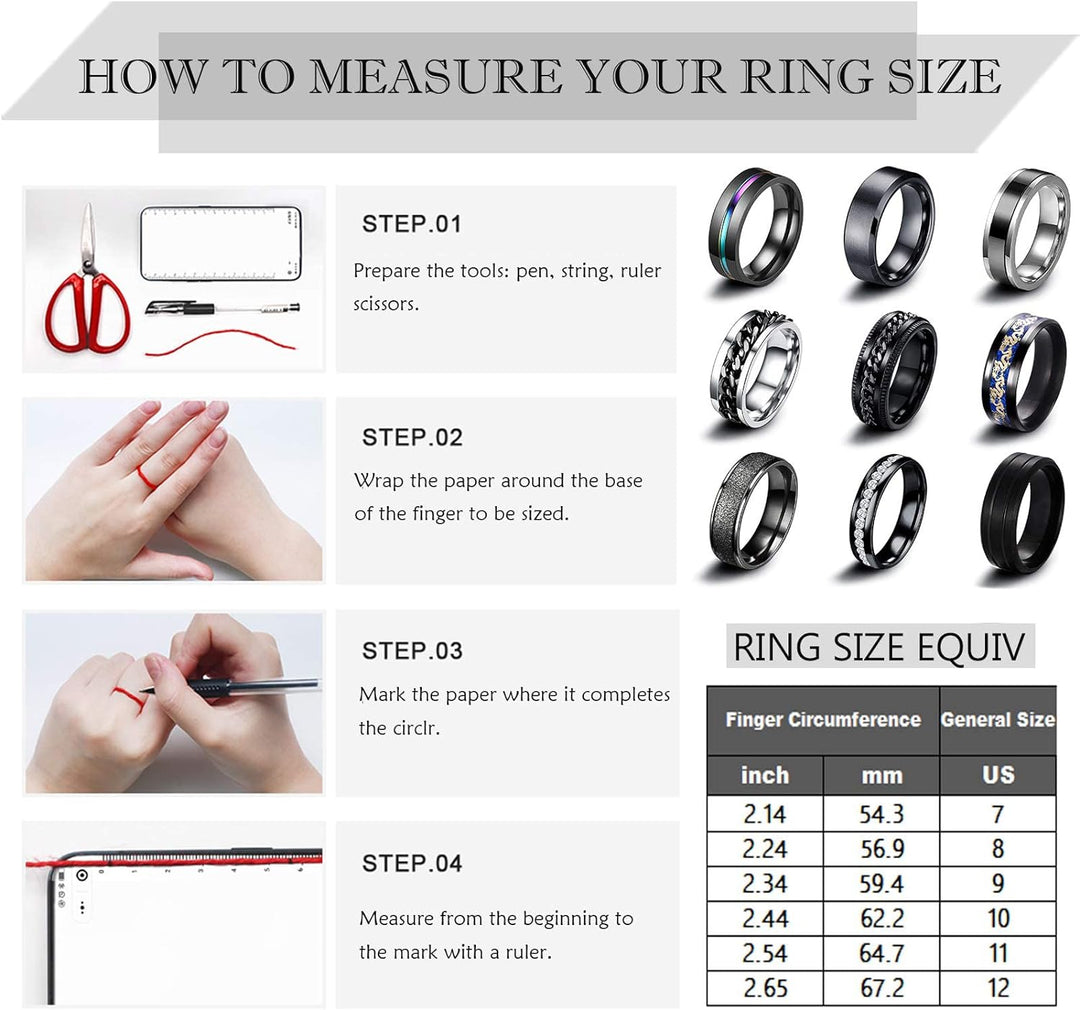 9-PCS Stainless Steel Spinning Chain Ring Set for Men and Women: Fashionable Black Band Rings for Anxiety Relief, Cool Engagement & Wedding Styles