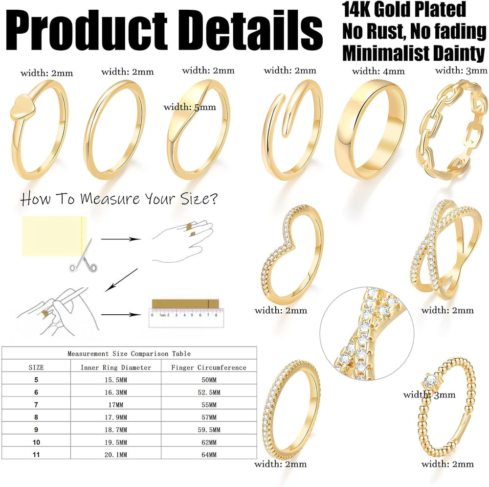 10 PCS Dainty 14K Gold Rings for Women, Open Twist Simulated Diamond Criss Cross Designs, Perfect for Stacking Layering on Thumb and Knuckle Engagement Rings in Sizes 6-10