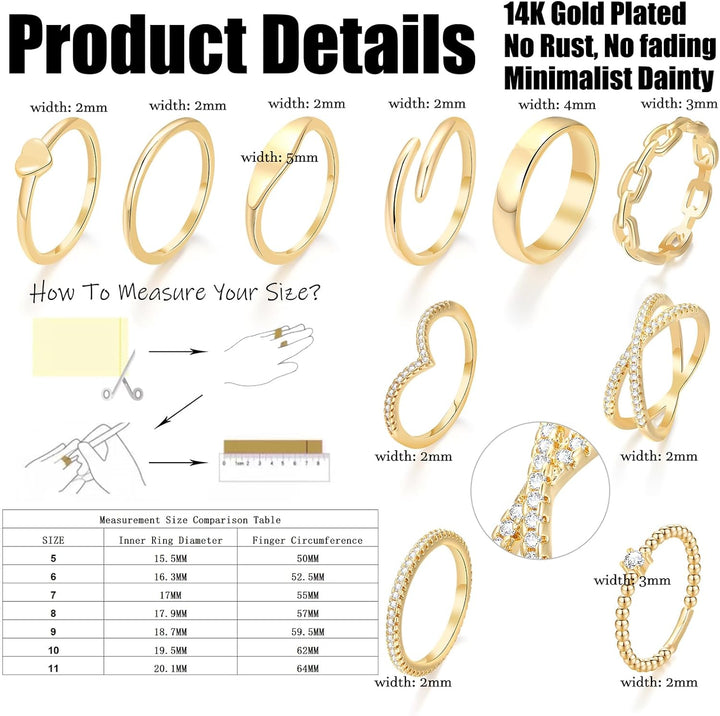 10 PCS Dainty 14K Gold Rings for Women, Open Twist Simulated Diamond Criss Cross Designs, Perfect for Stacking Layering on Thumb and Knuckle Engagement Rings in Sizes 6-10