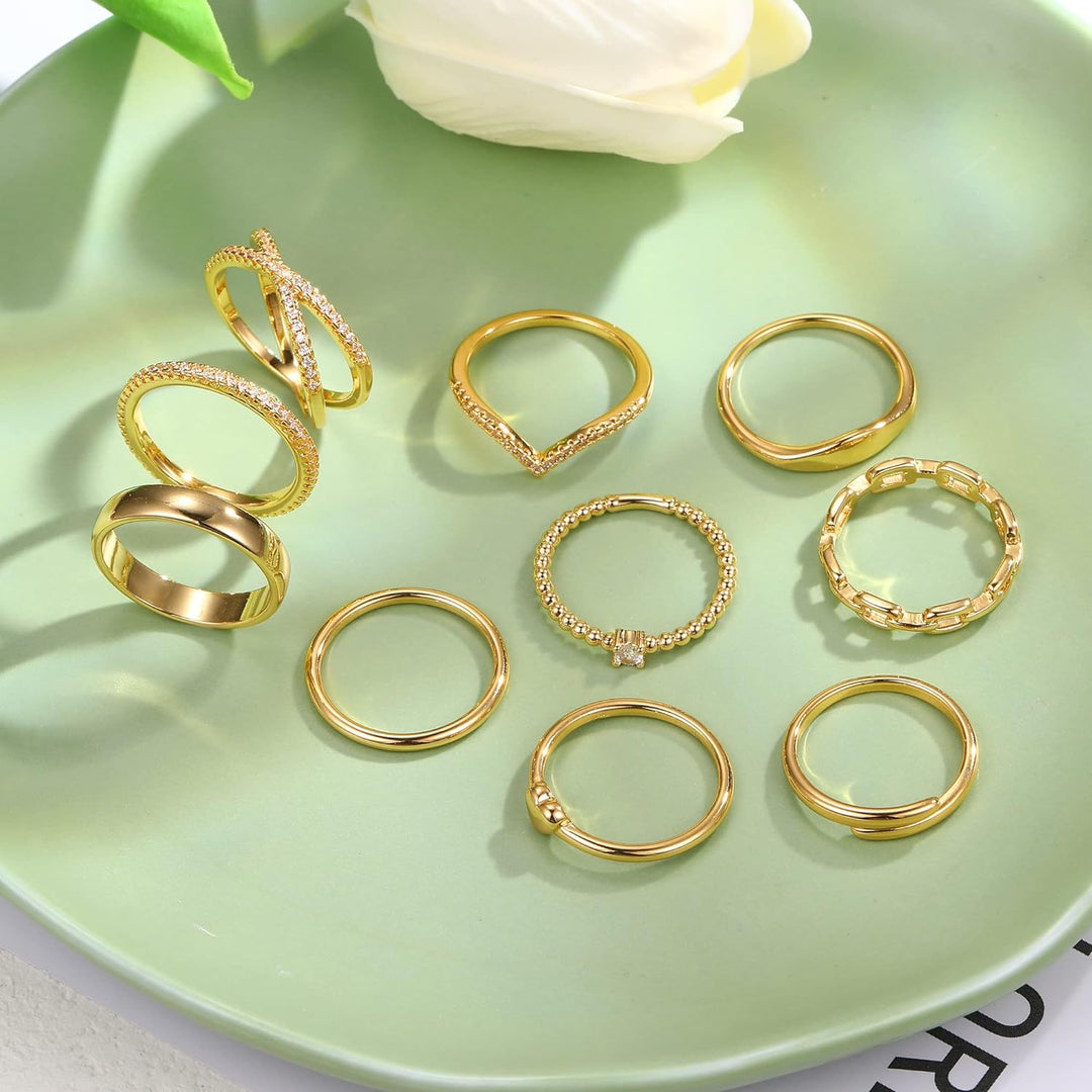 10 PCS Dainty 14K Gold Rings for Women, Open Twist Simulated Diamond Criss Cross Designs, Perfect for Stacking Layering on Thumb and Knuckle Engagement Rings in Sizes 6-10