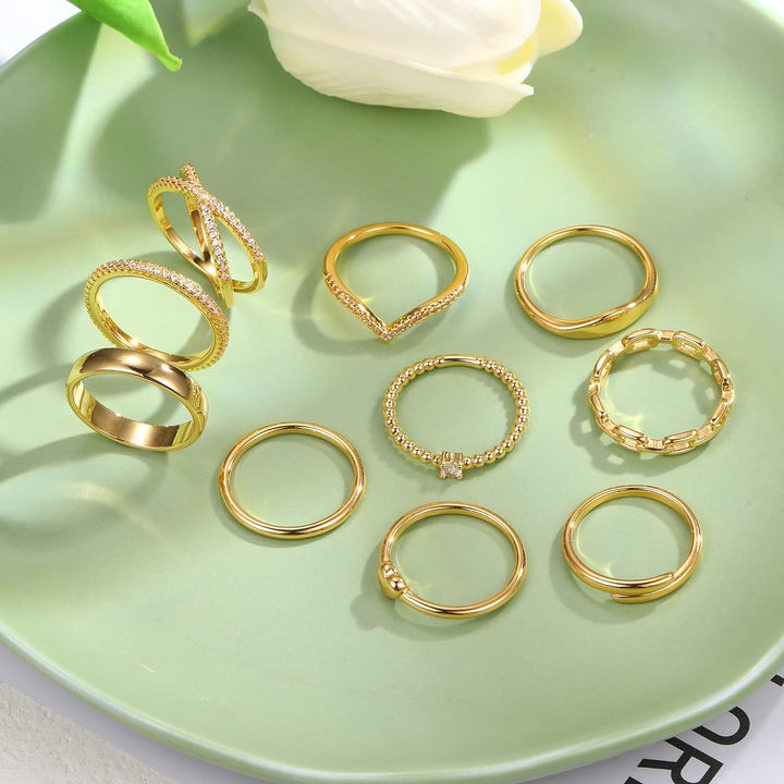 10 PCS Dainty 14K Gold Rings for Women, Open Twist Simulated Diamond Criss Cross Designs, Perfect for Stacking Layering on Thumb and Knuckle Engagement Rings in Sizes 6-10