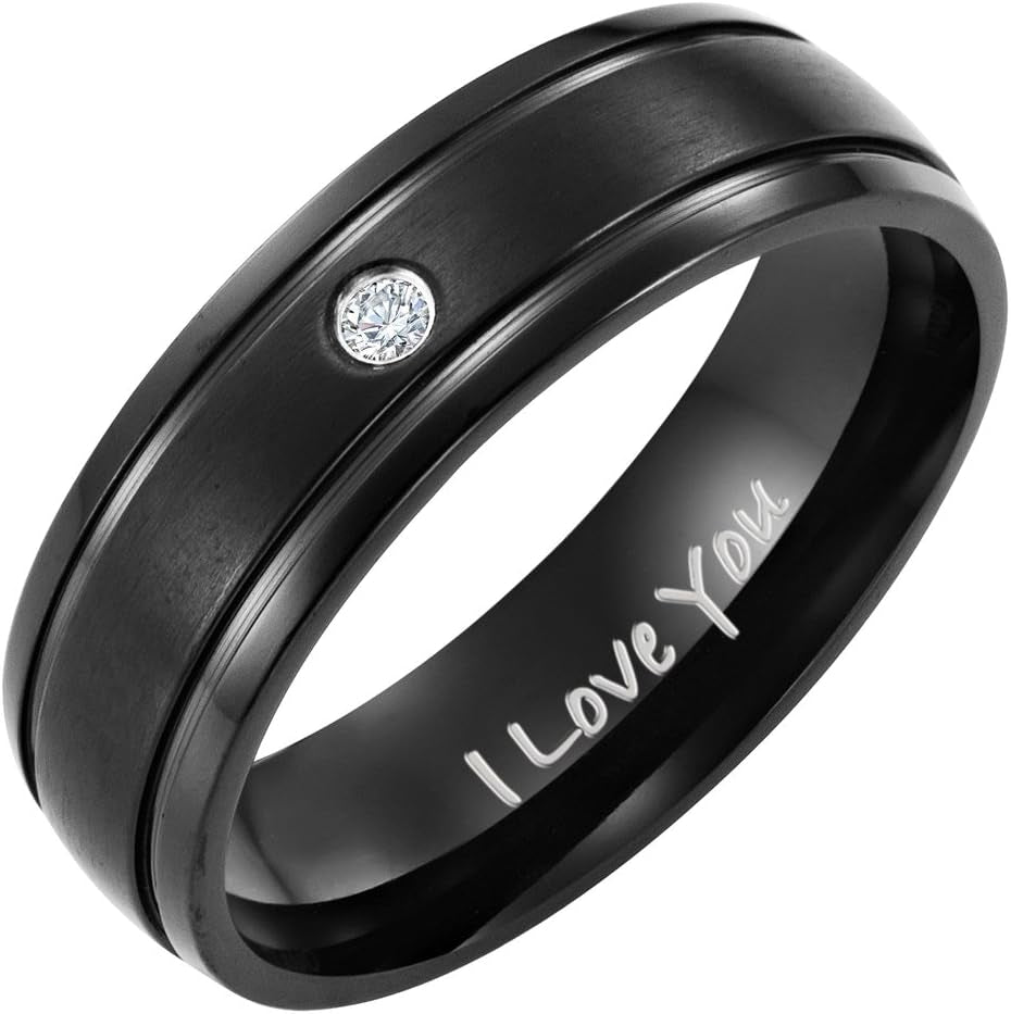 Eternal Love 7Mm Black Titanium Ring with CZ and I Love You Engraved in Velvet Gift Box