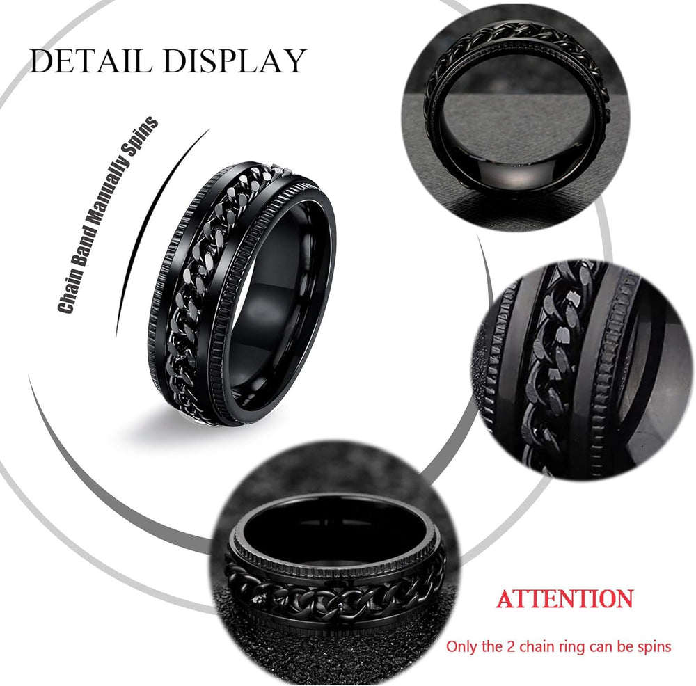 9-PCS Stainless Steel Spinning Chain Ring Set for Men and Women: Fashionable Black Band Rings for Anxiety Relief, Cool Engagement & Wedding Styles