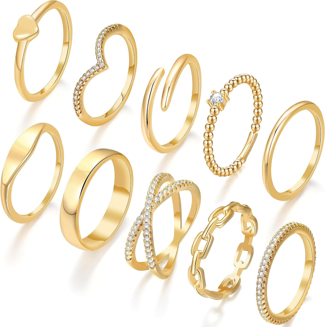 10 PCS Dainty 14K Gold Rings for Women, Open Twist Simulated Diamond Criss Cross Designs, Perfect for Stacking Layering on Thumb and Knuckle Engagement Rings in Sizes 6-10