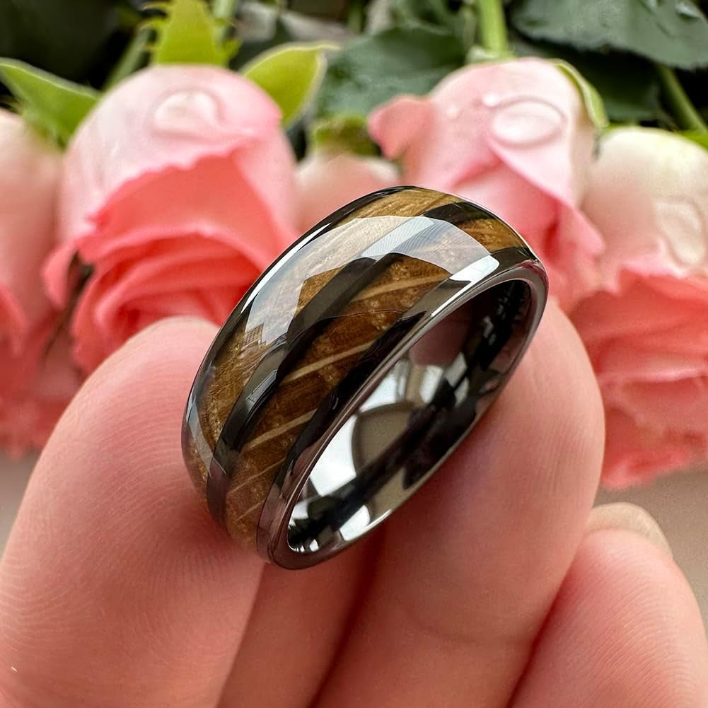 8Mm Silver/Black/Gunmetal Tungsten Rings for Men Women Wedding Bands Double Whisky Barrel Oak Wood Inlay Domed Polished Shiny Comfort Fit