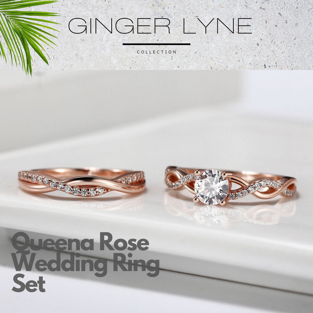 Queena Sterling Silver Rose Gold Wedding Ring Set for Women Cz Engagement Ring Eternity Band